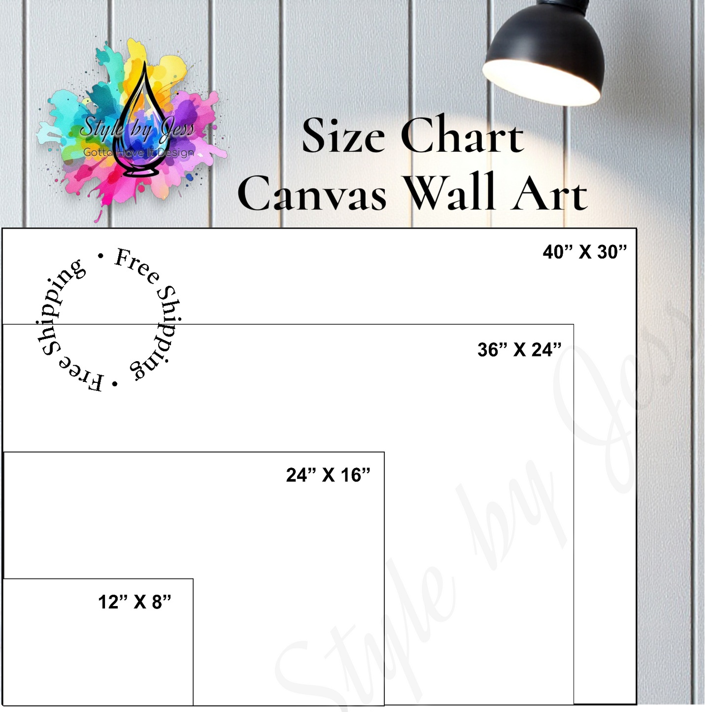 Canvas wall art size chart with dimensions displayed on a white wall.