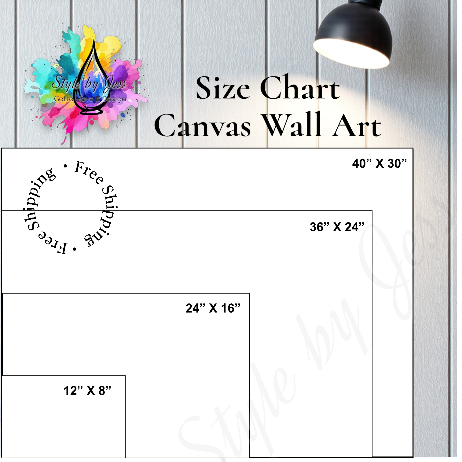 Canvas wall art size chart with dimensions displayed on a white wall.