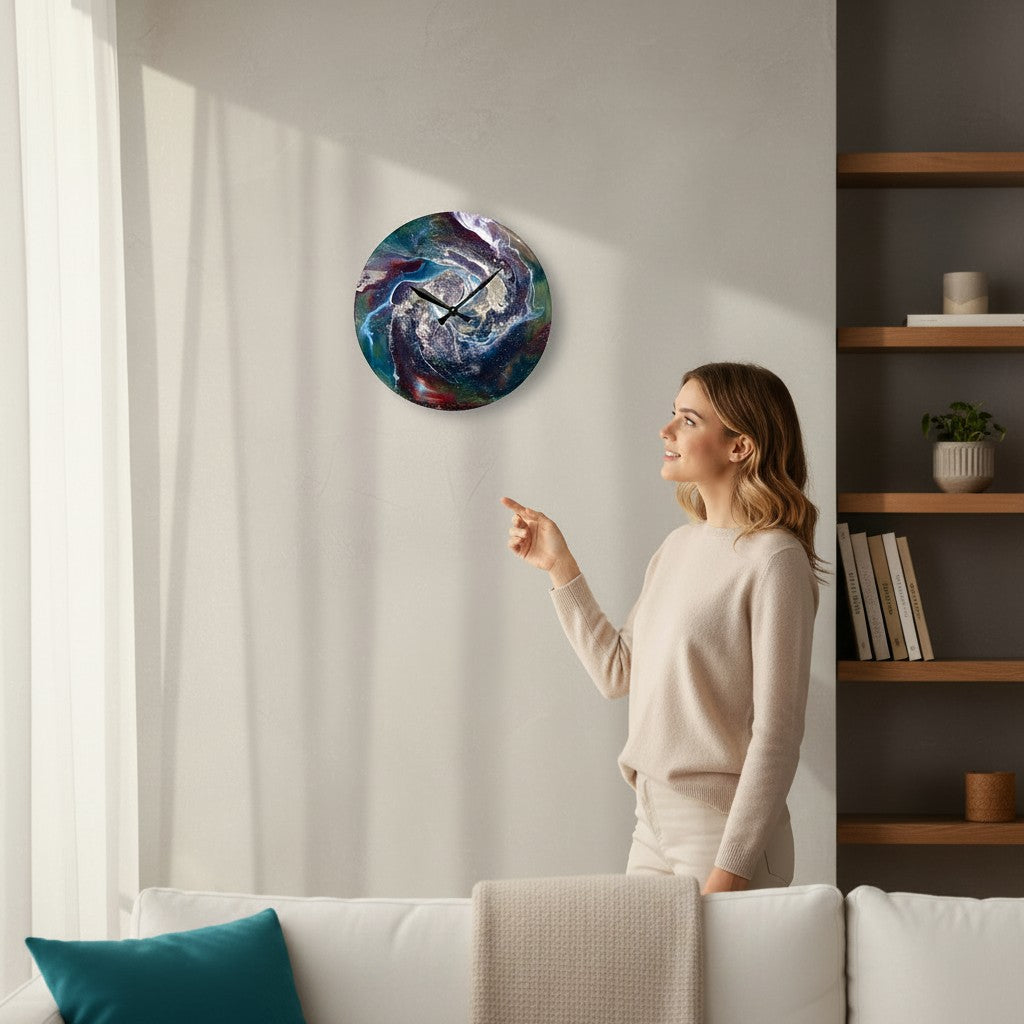 Woman pointing at a colorful wall clock in a living room.