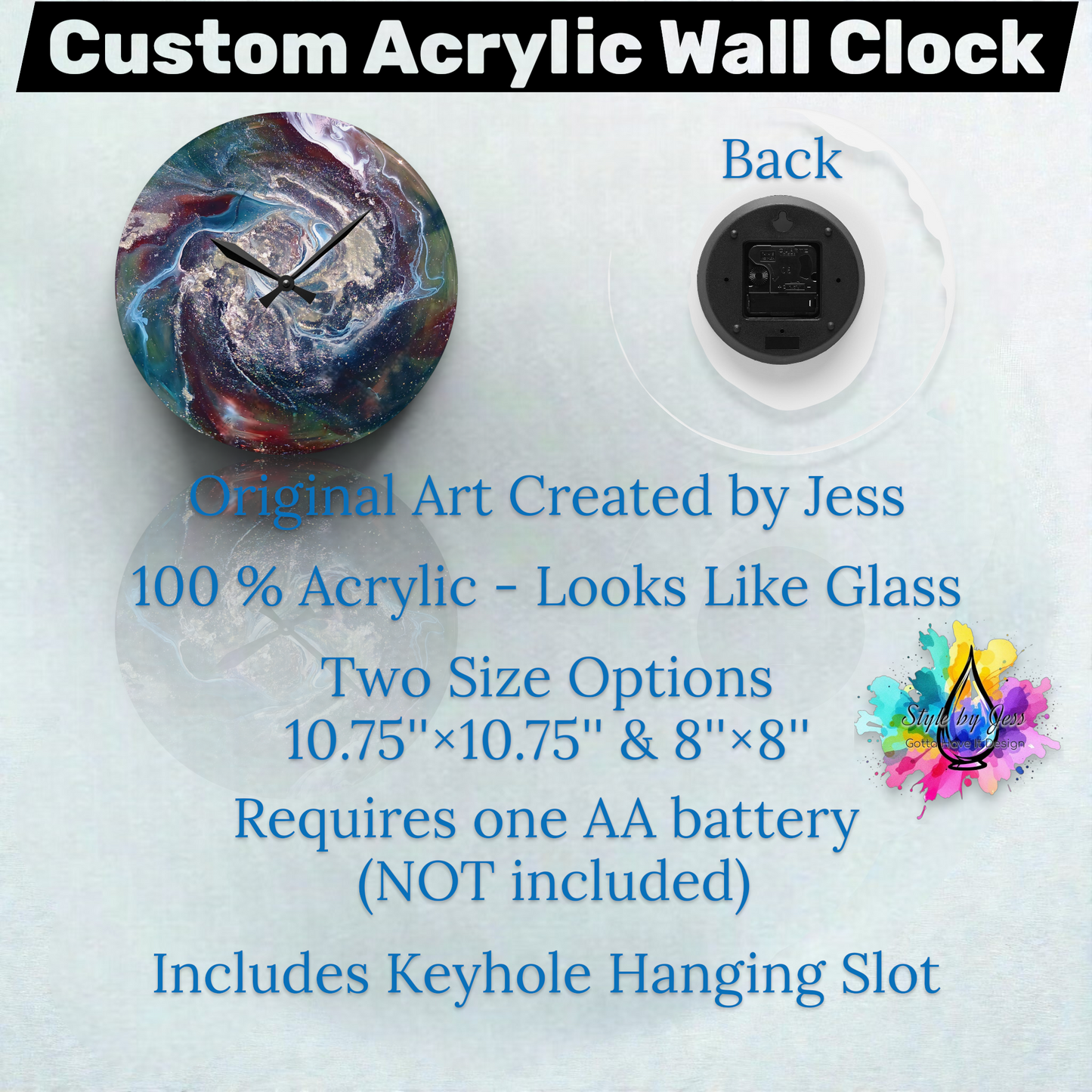 Specification Sheet for a Abstract Art Acrylic Wall Clock, two size options and battery operated image show front and back options. 