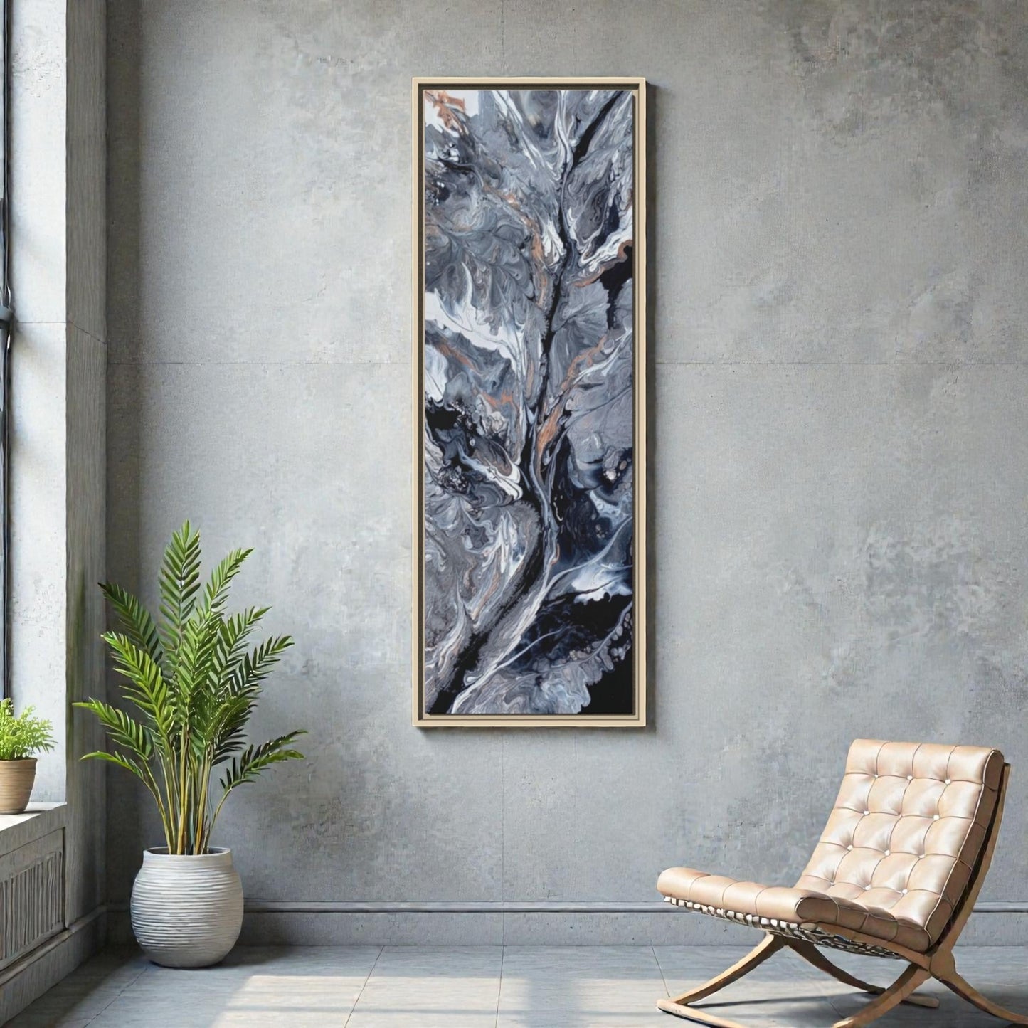 Original acrylic painting print of abstract art with vertical orientation in a living room with a window, plants and a modern chair with a gray textured background.