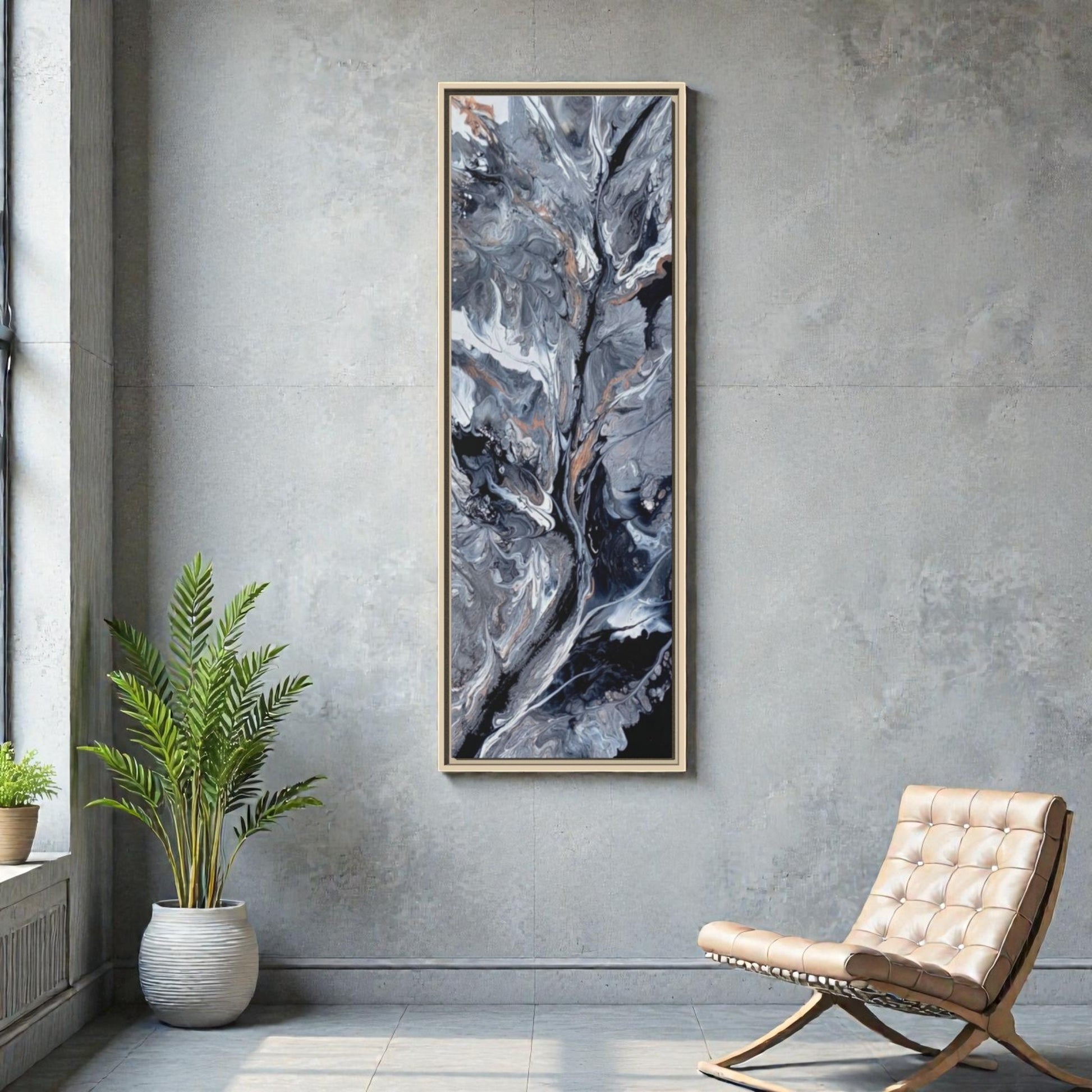 Original acrylic painting print of abstract art with vertical orientation in a living room with a window, plants and a modern chair with a gray textured background.