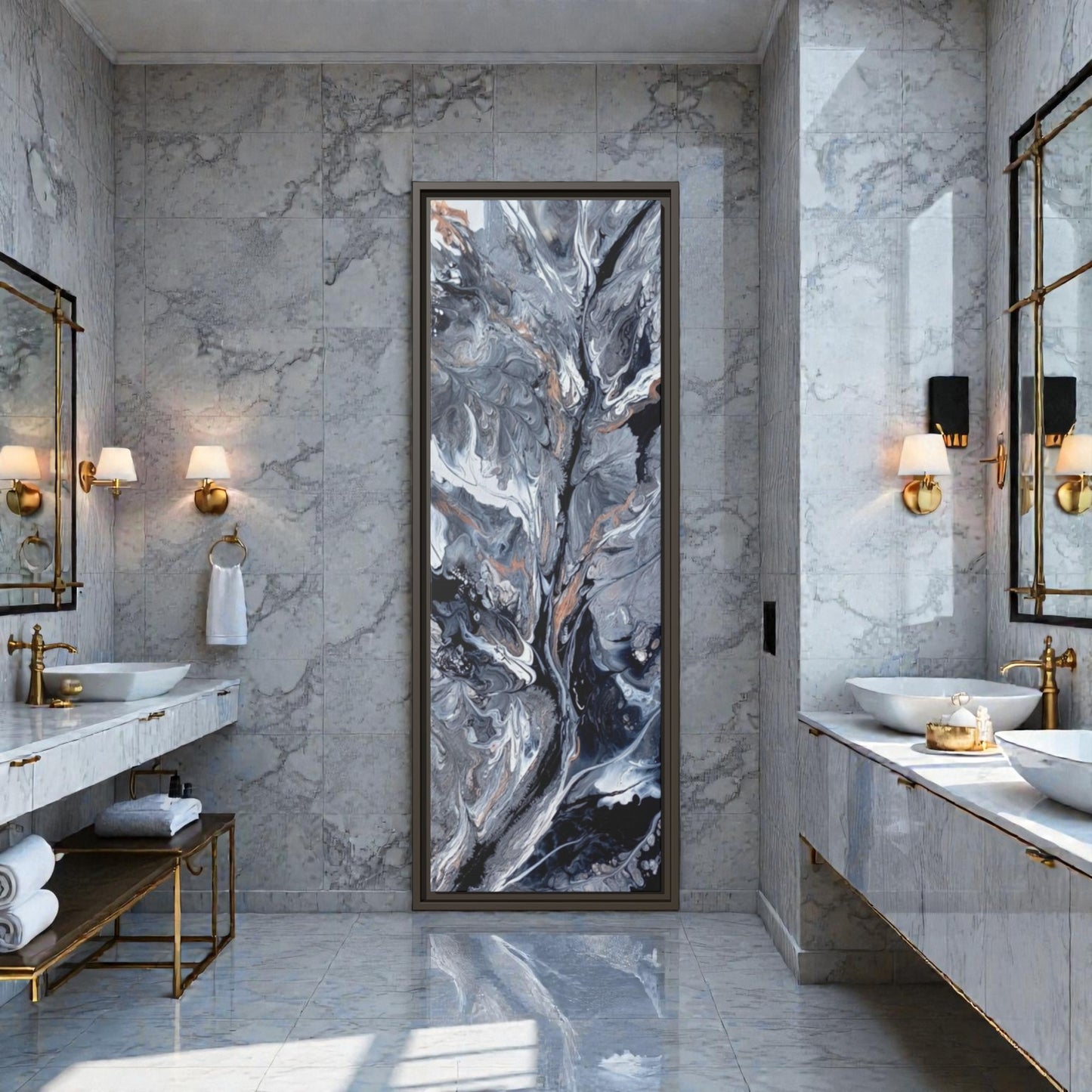 Oversized abstract art piece displayed in a luxury home bathroom with a flowing design of black white and gray abstract art. A Style By Jess at Gotta Have It Design 