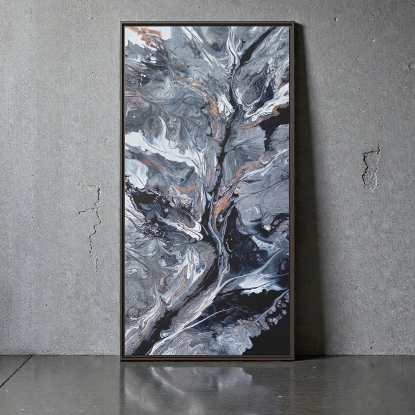 Custom painting print on canvas nestled on a floating frame leaning up against a gray concrete wall. 