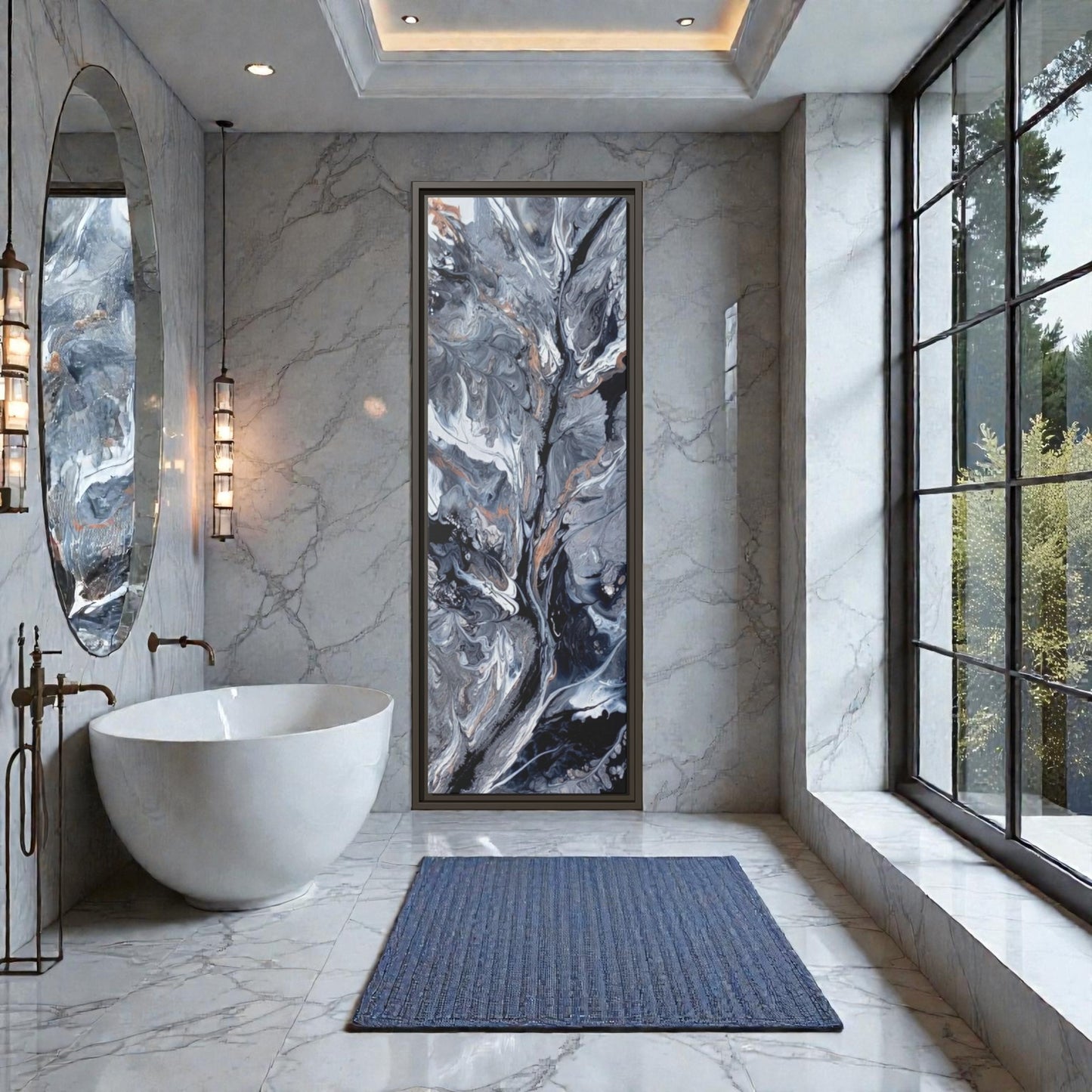 Modern bathroom decir with marble walls, a freestanding bathtub, and a large abstract painting with handmade movement in black, white and grays. A Style By Jess at Gotta Have It Design. 