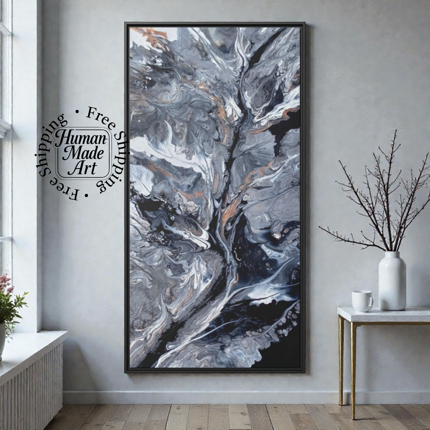 Vertical wall art in black, gray and white.  Abstract art painting on a wall with 'Human Made Art' branding. An original Style By Jess at gotta Have It Design.