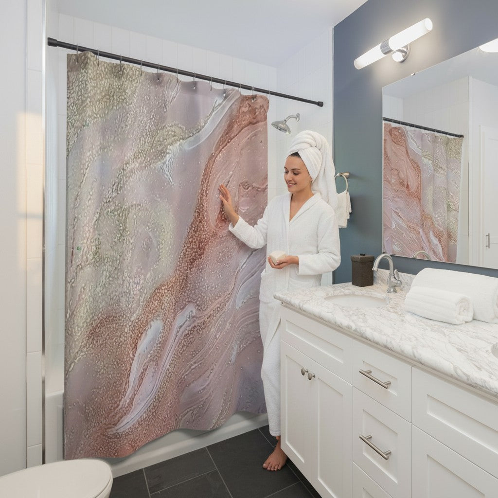 Woman in a bathroom with a cloth colorful custom shower curtain and white towels.