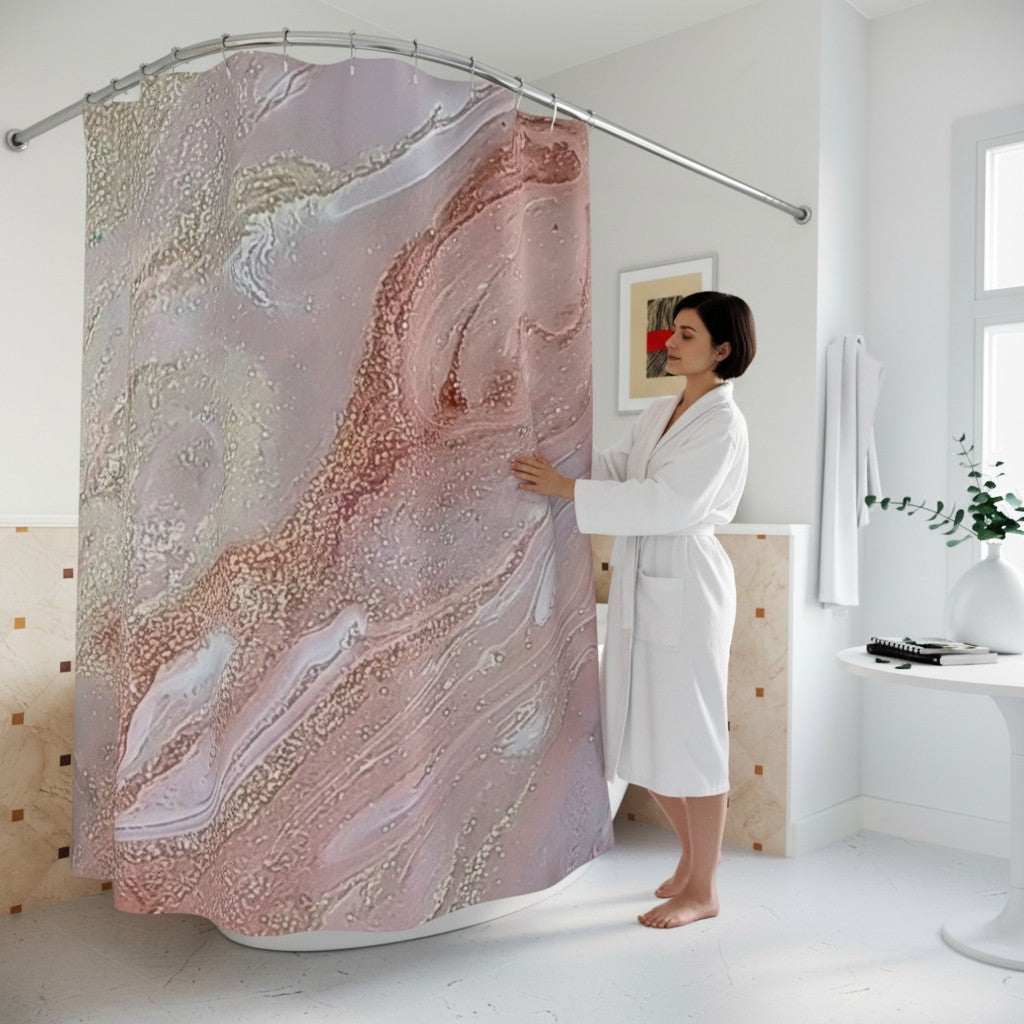 Original art printed on a cloth shower curtain featuring swirling marble type design in light colors. Style By Jess at Gotta Have It Design