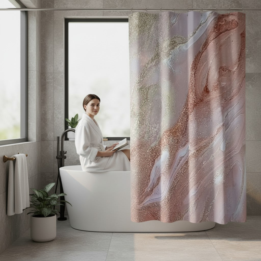 Bathroom with a woman in a bathrobe by a bathtub, featuring a marble-patterned shower curtain.