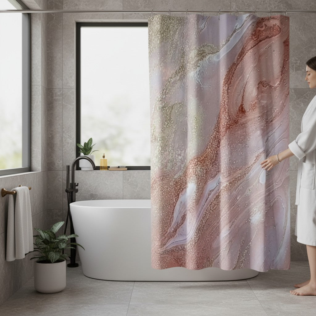 Bathroom with a marble-patterned shower curtain, bathtub, and person in a robe.