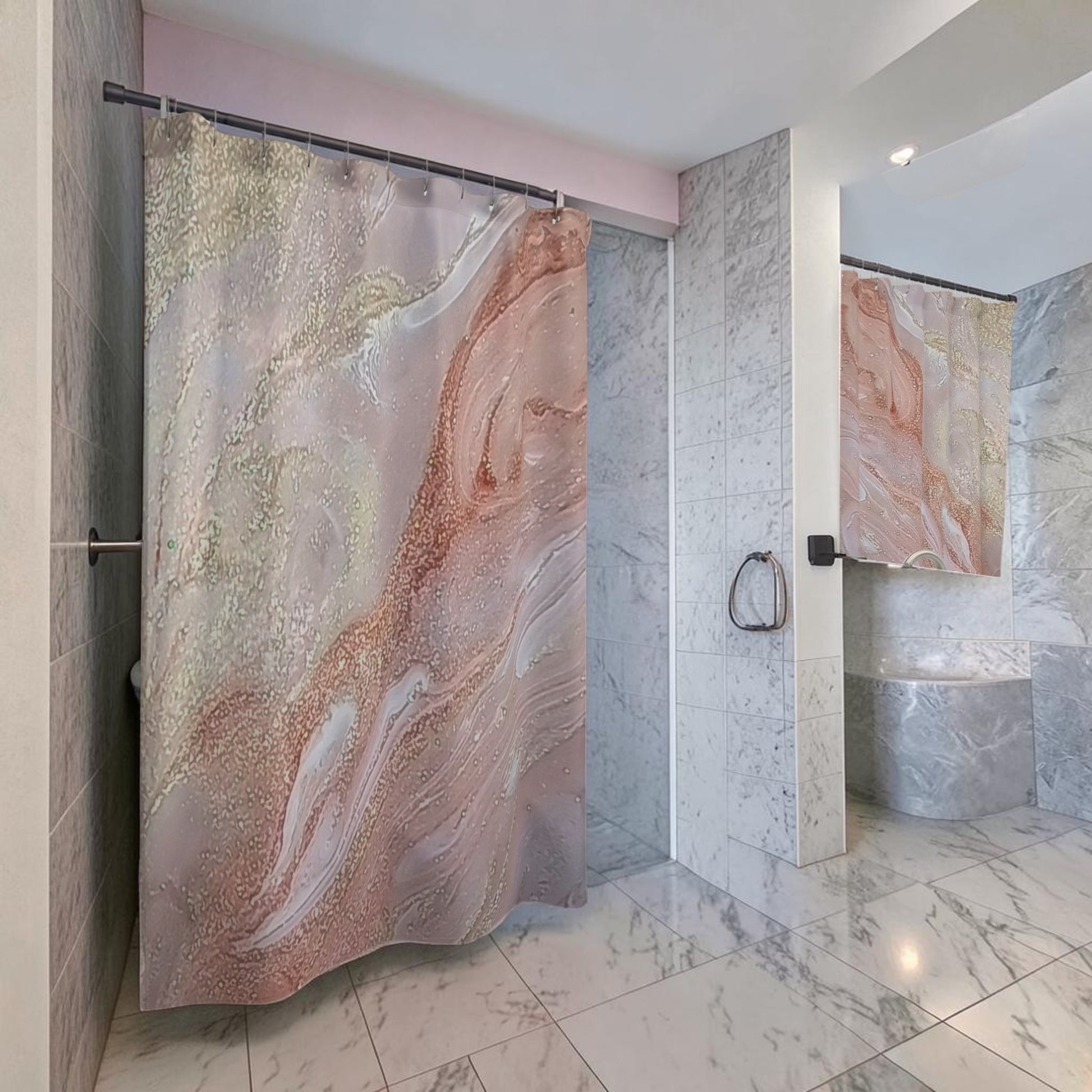 Rose Gold Abstract Resin Art Shower Curtain in a bathroom with marble-tile and bathtub.  Human Made Art a Style By Jess at Gotta Have It Design
.