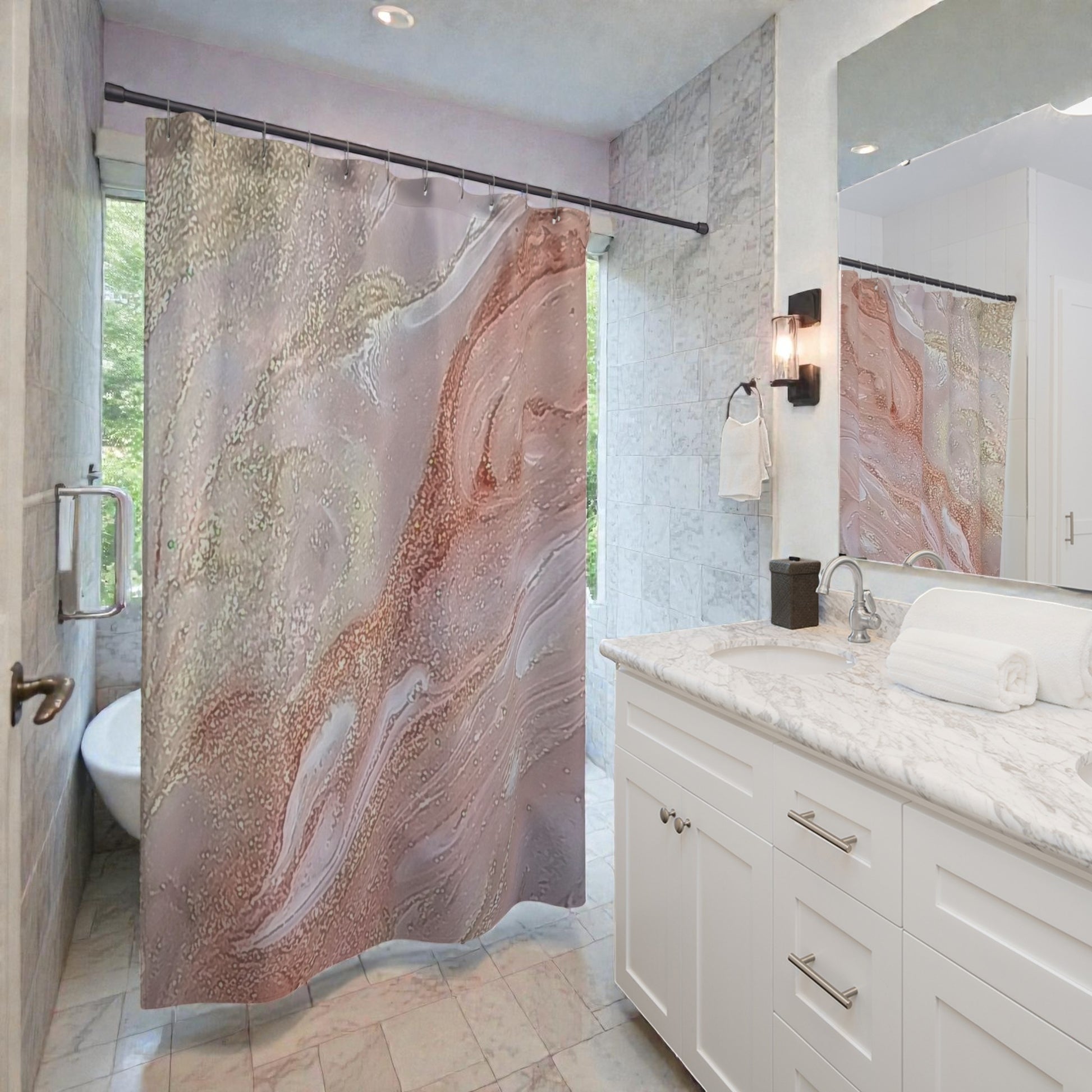 Abstract Art Shower Curtain in a modern white bathroom.