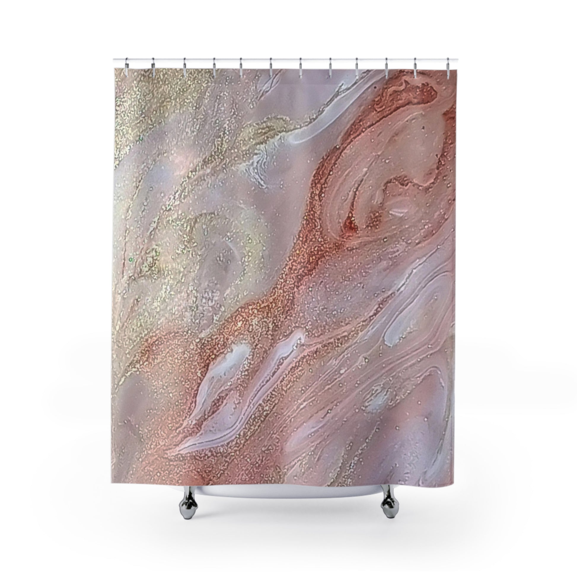 Shower curtain with a marbled design in pink, gold, and white on a white background