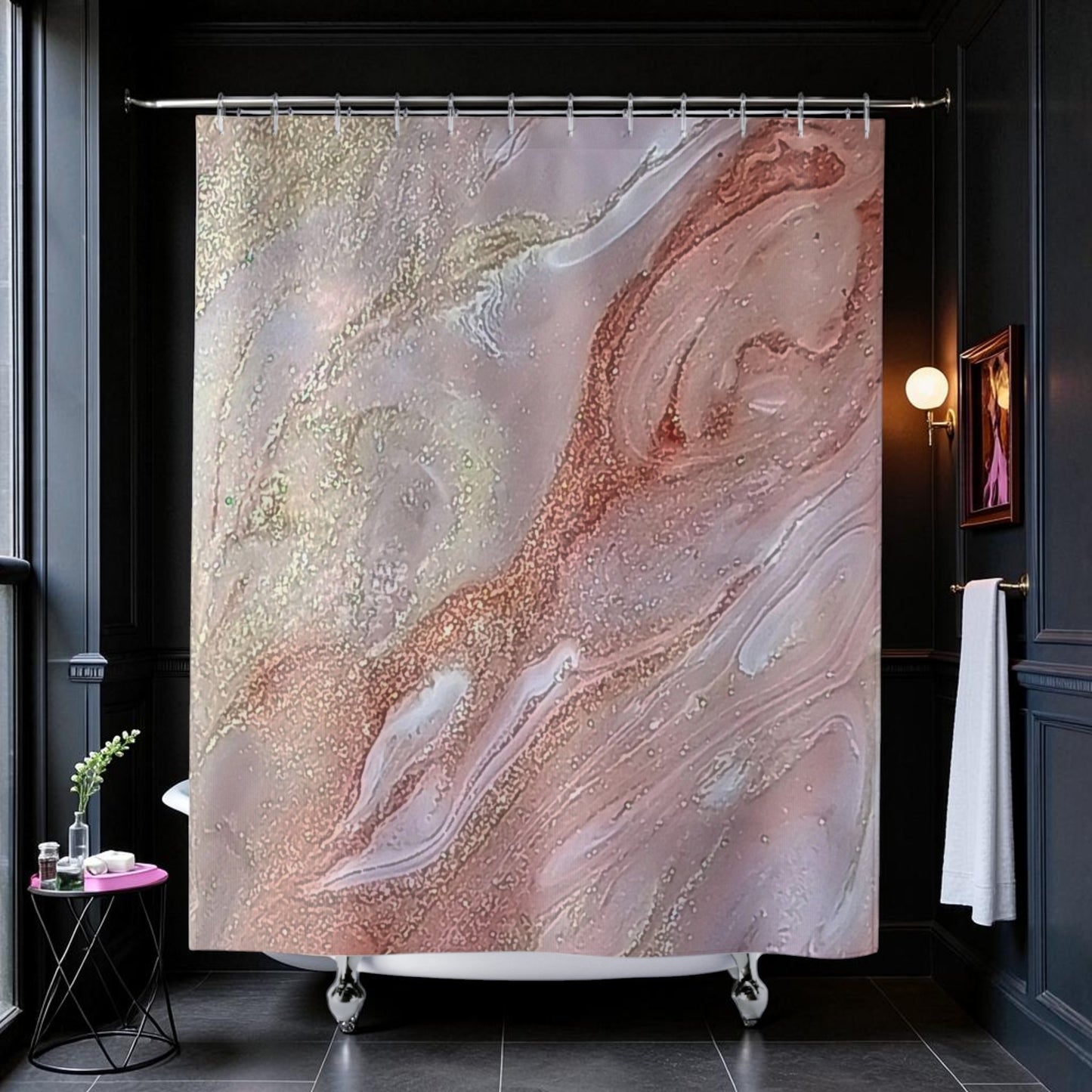 Marble-patterned shower curtain in a bathroom setting an original art creation a Style By Jess