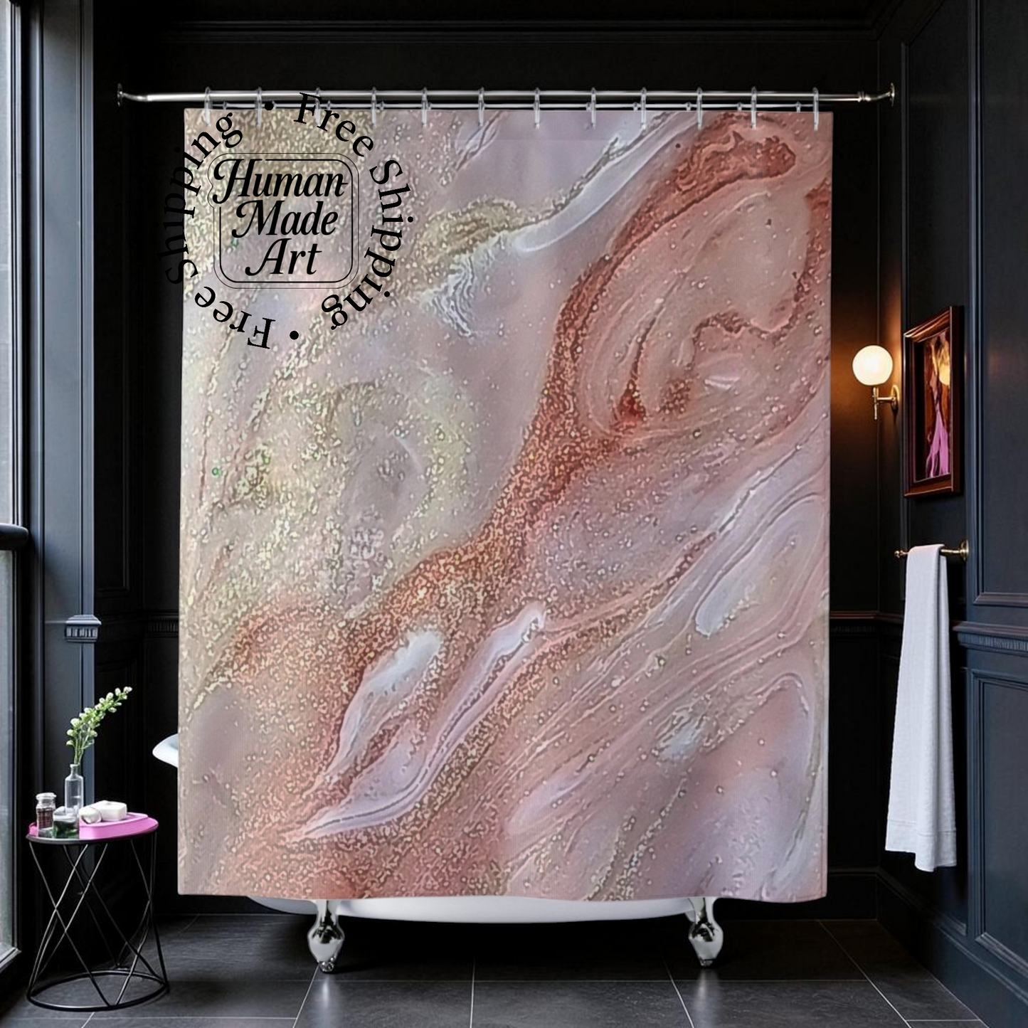 Rose gold abstract art shower curtain with swirling blush and champagne resin art print — boho bathroom decor, original handmade art, gift for her | Style By Jess