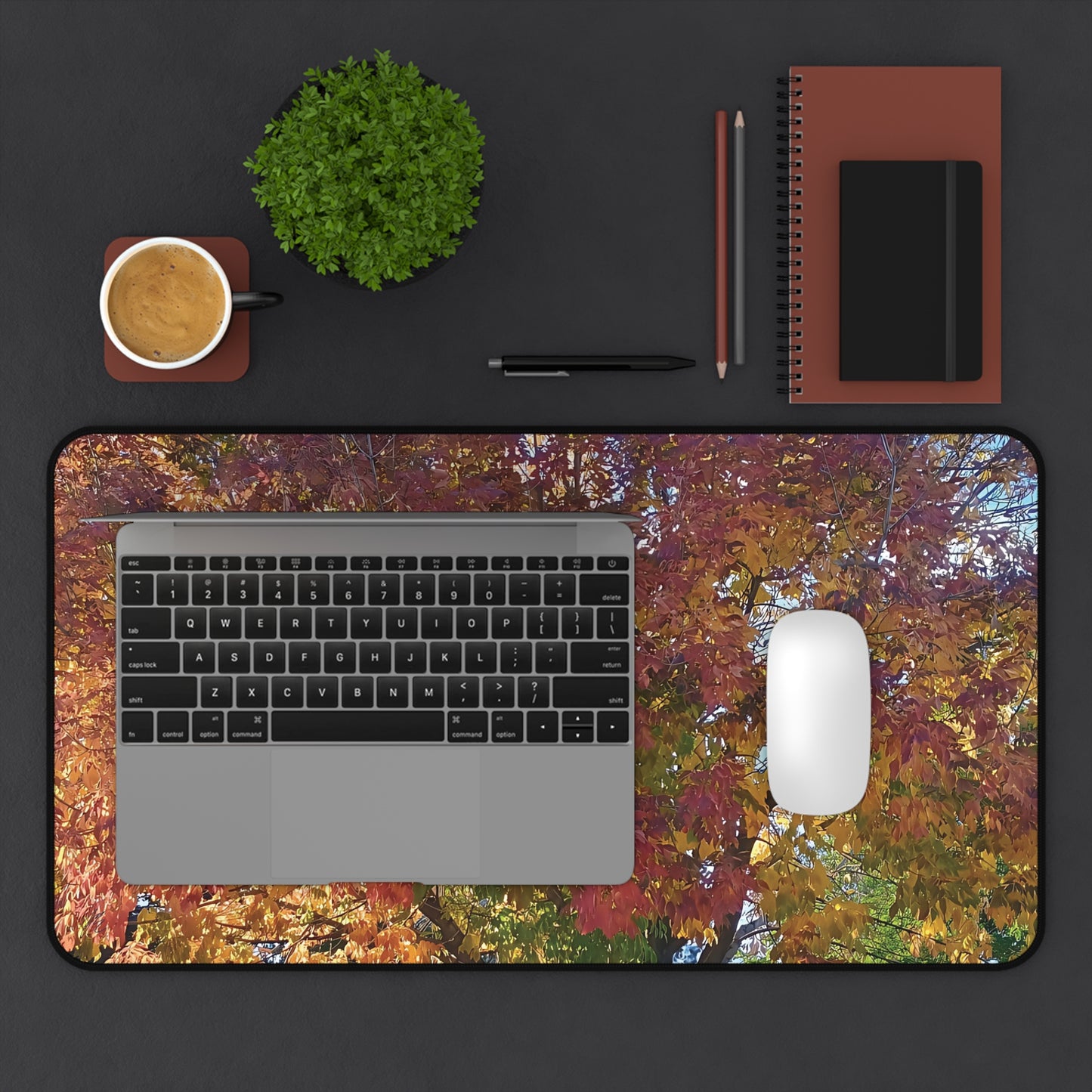 Laptop on a colorful desk mat with a cup, plant, pen, notebook, and mouse.