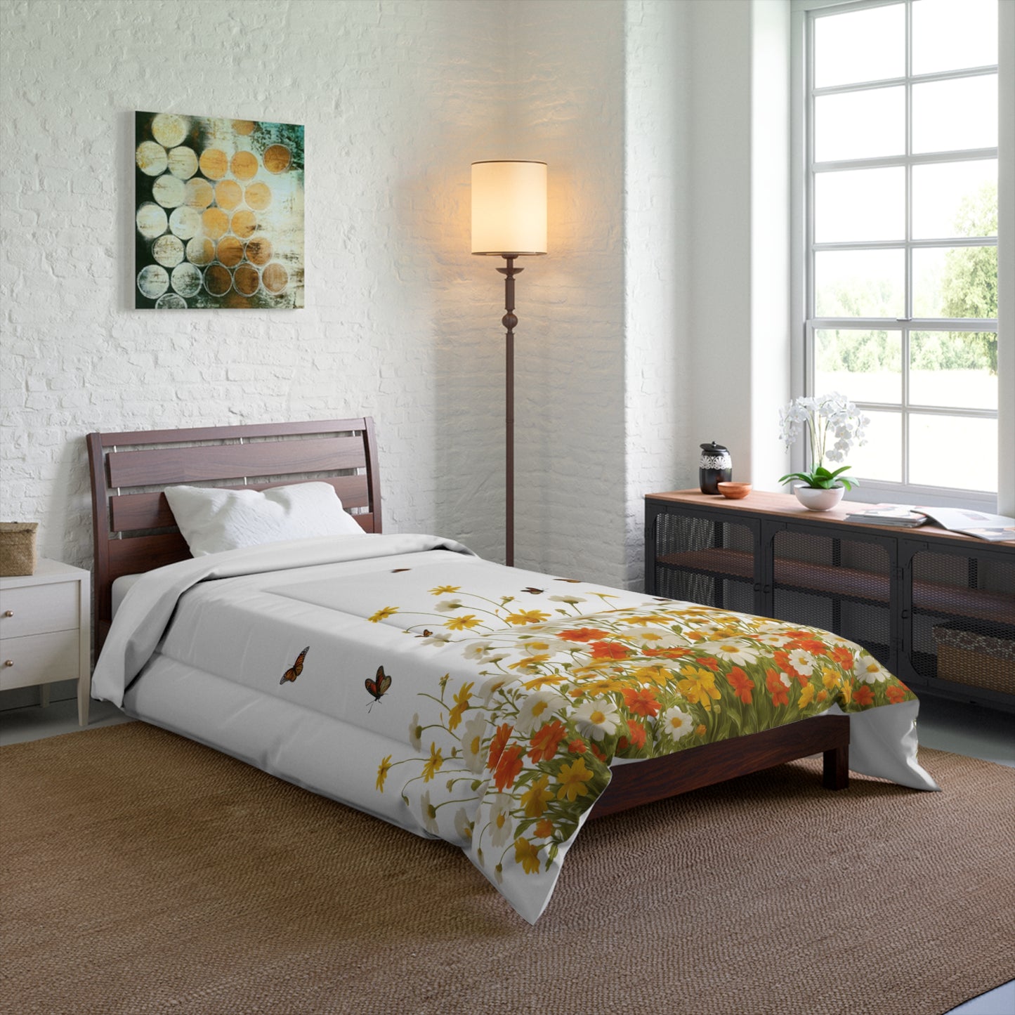 Bedroom with floral comforter, wooden headboard, and decorative elements.
