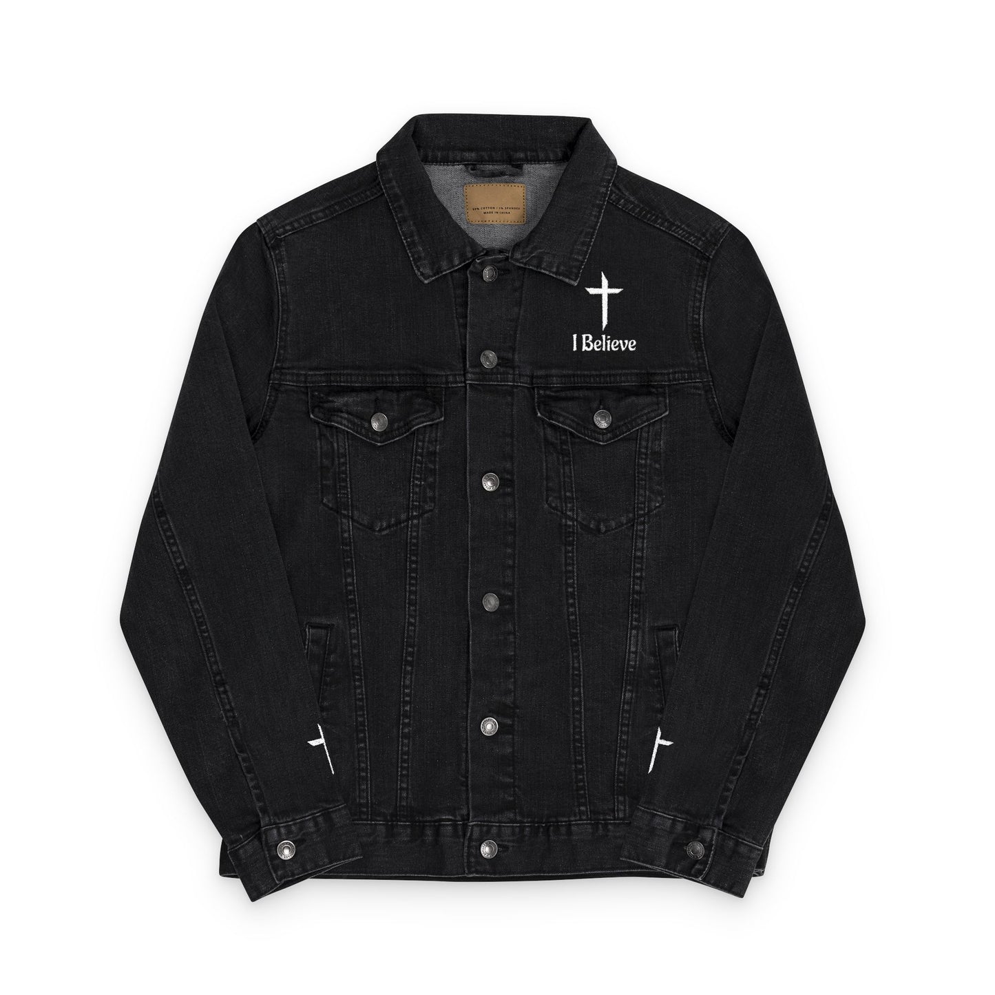 Black denim jacket with a cross and 'I Believe' text on a white background