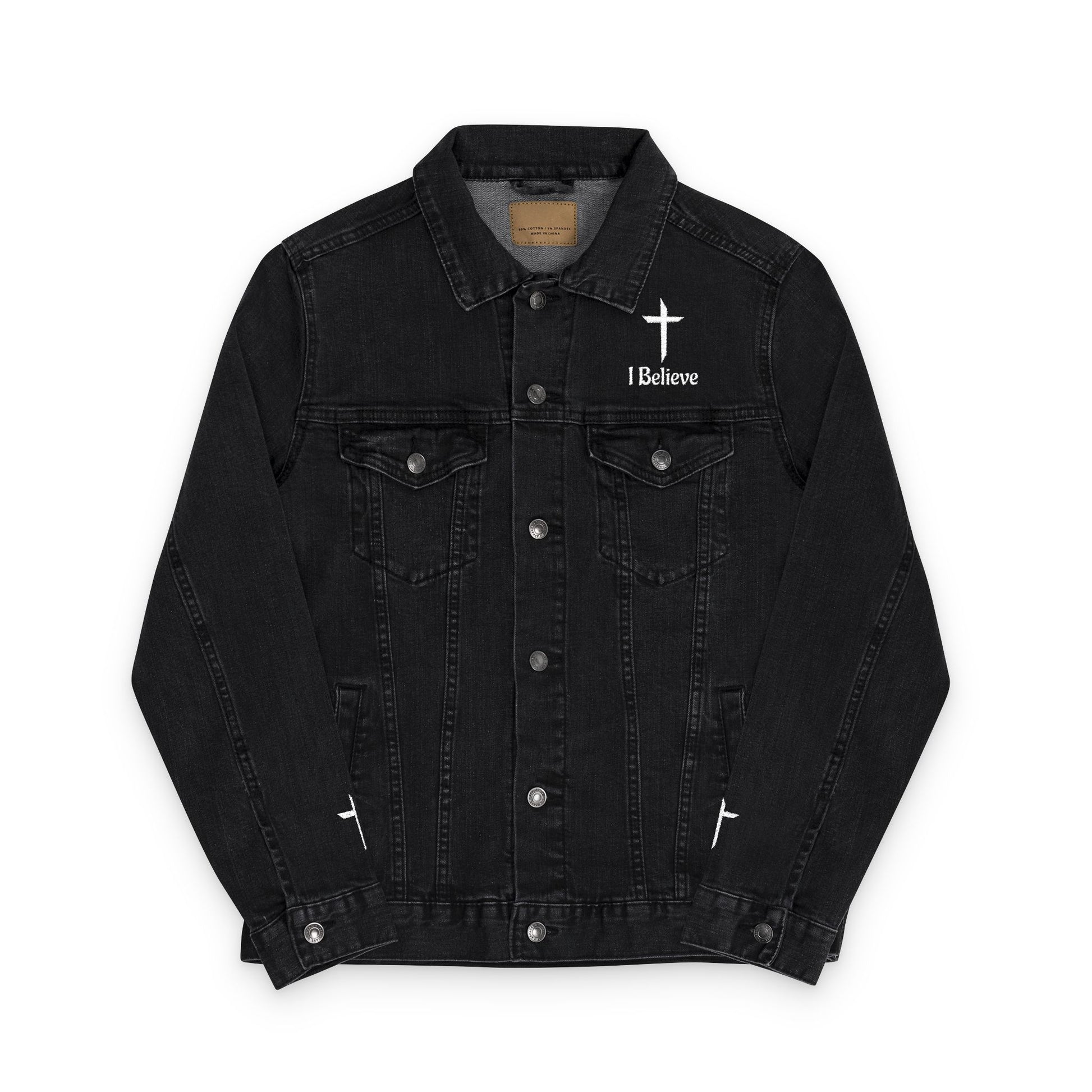 Black denim jacket with a cross and 'I Believe' text on a white background