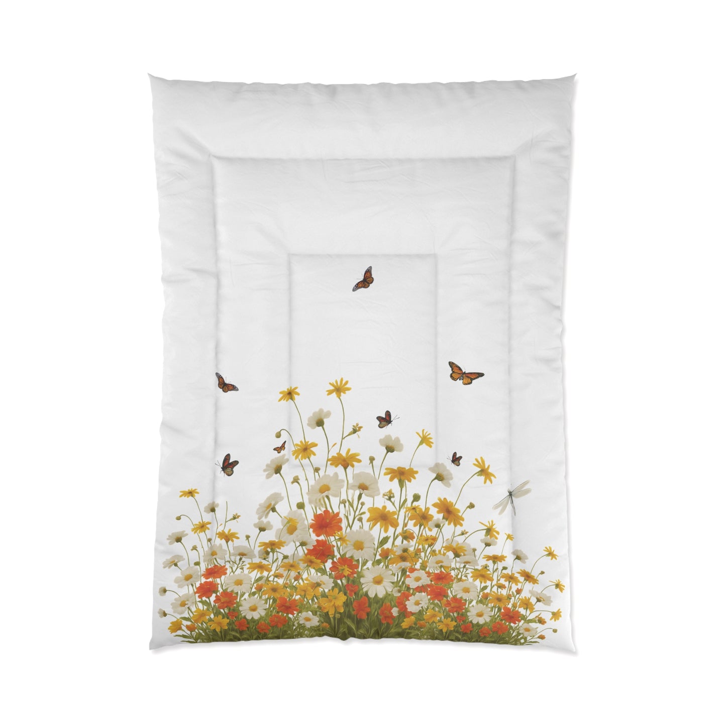Twin white comforter with floral and butterfly design on a white background