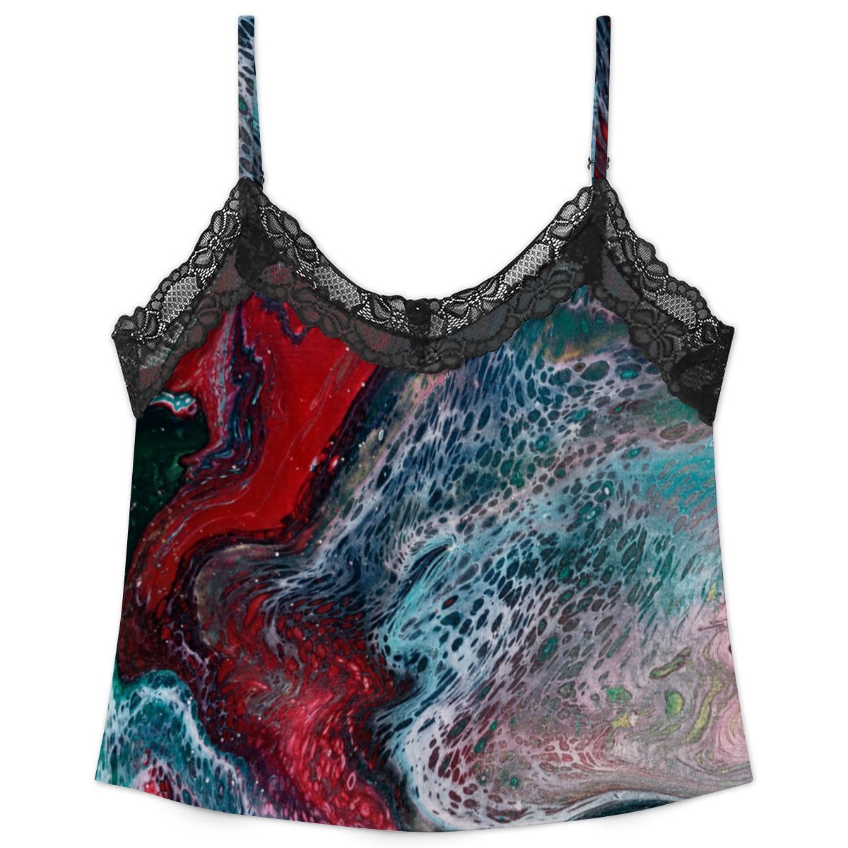 Women's Lace Cami Pajama Set – Teal & Red Abstract Art Print