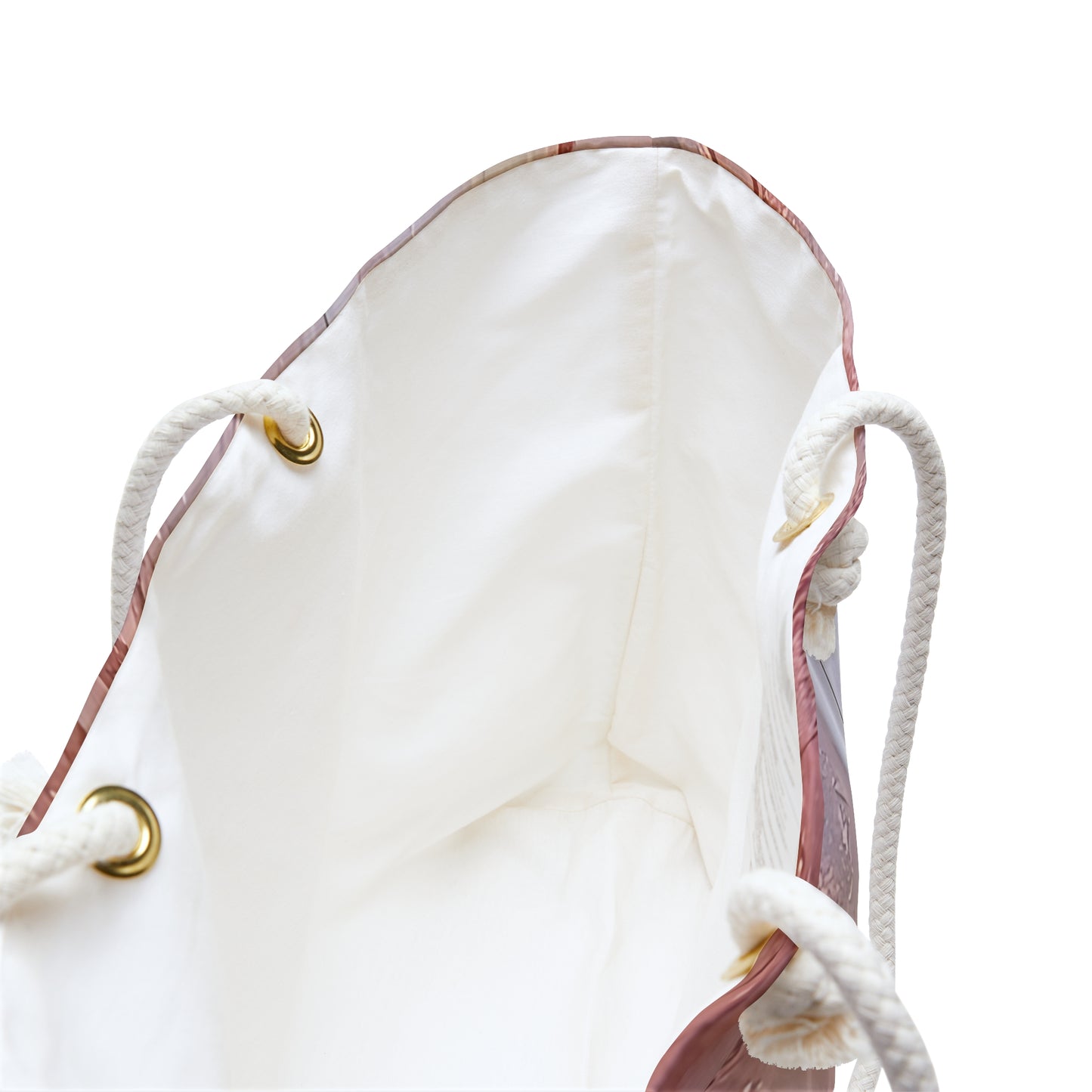 White drawstring bag with gold metal loops on a white background