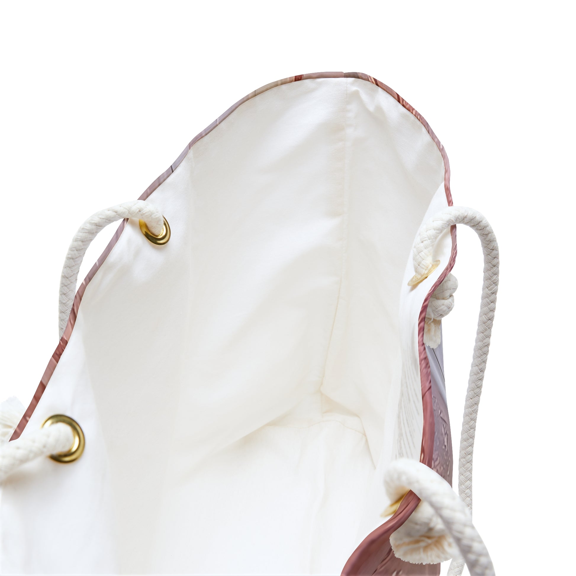 White drawstring bag with gold metal loops on a white background