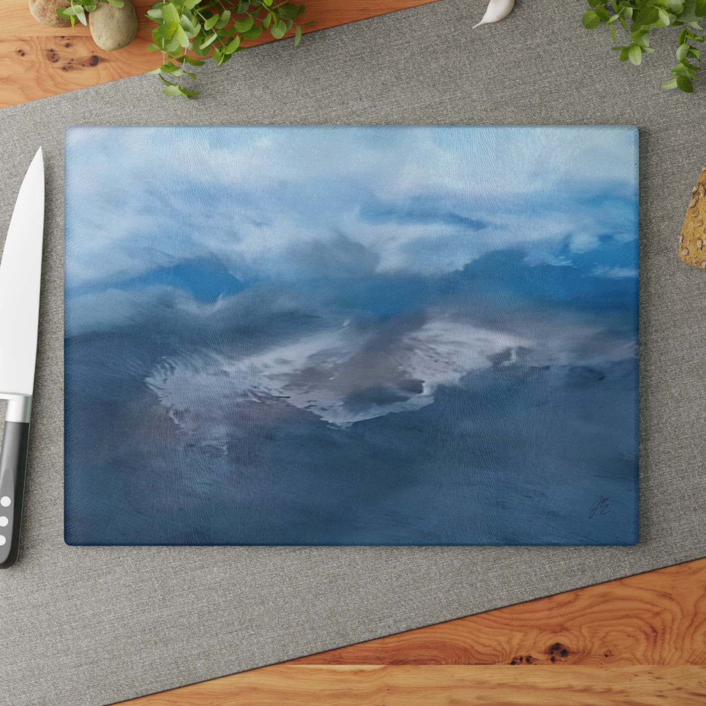 Custom Glass Cutting Board Abstract Ocean Sky Art Tempered Glass Kitchen Decor Personalized Wedding Gift Housewarming Functional Art
