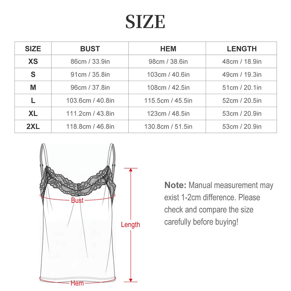 Size chart for a garment with measurements in centimeters and inches, including a diagram of bust and hem length.