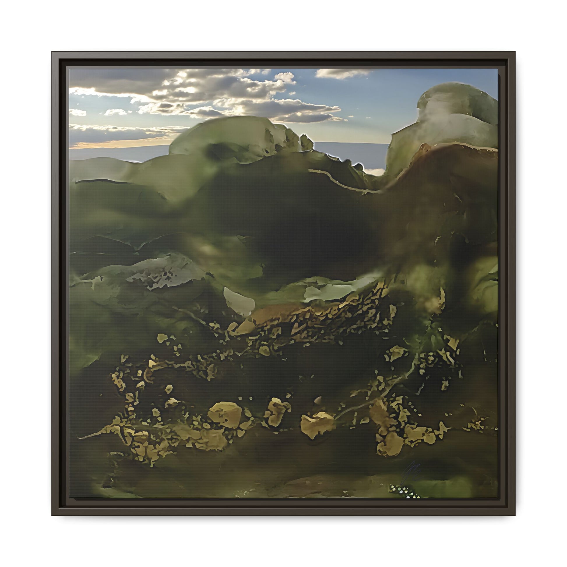 Framed artwork of a mountain landscape with a black frame abstract art