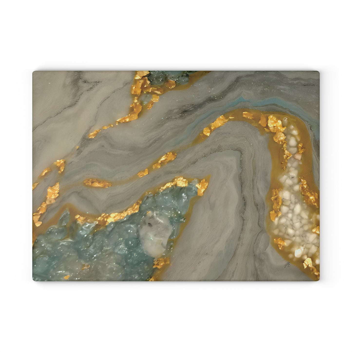 Decorative panel with gold and gray marbled design on a white background