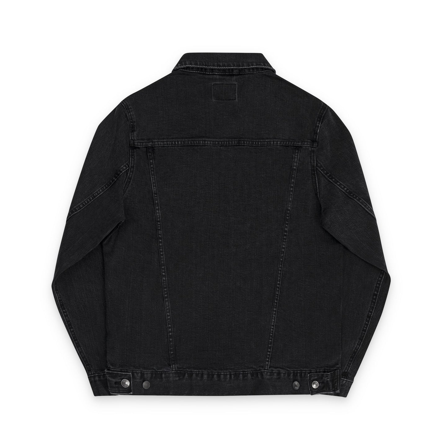 Black denim jacket on a white background