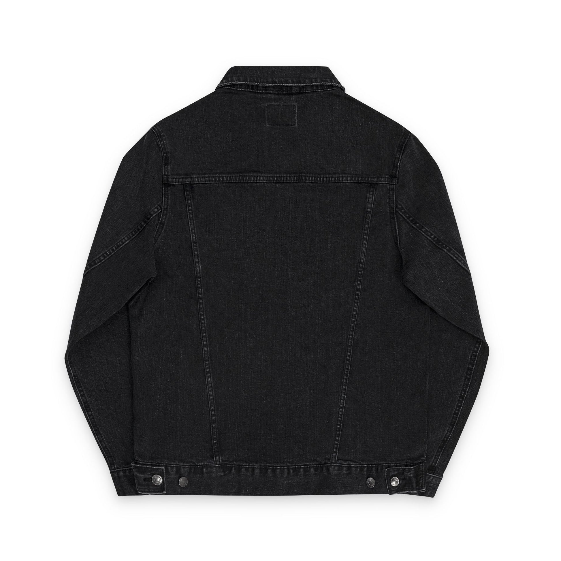 Black denim jacket on a white background