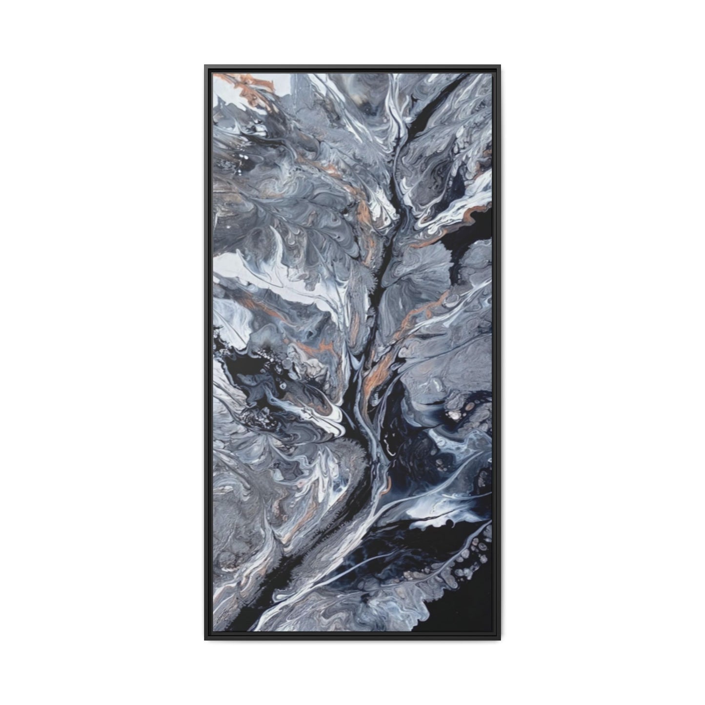 Abstract art piece with swirling black, gray, and white patterns on a white background