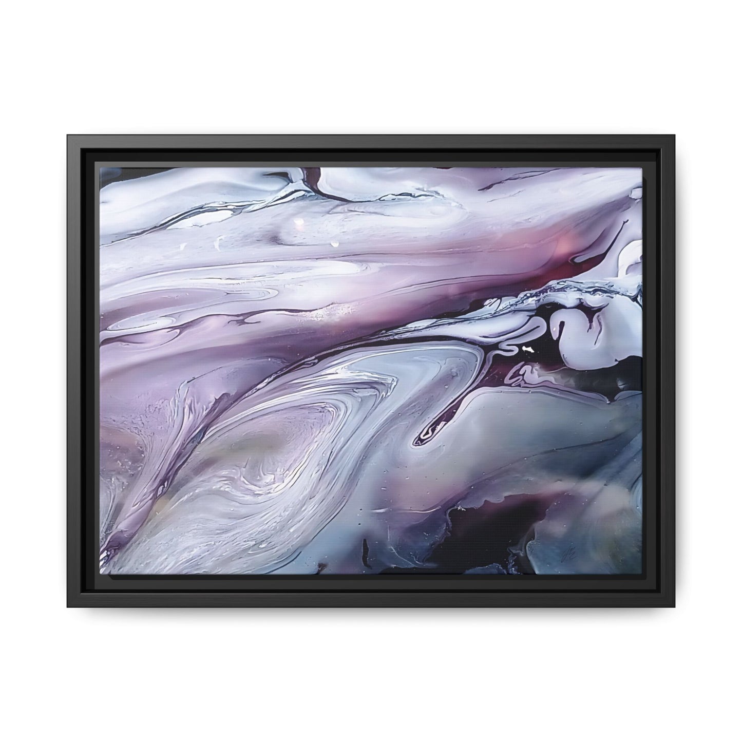 Framed abstract artwork with swirling purple and white patterns on a white background