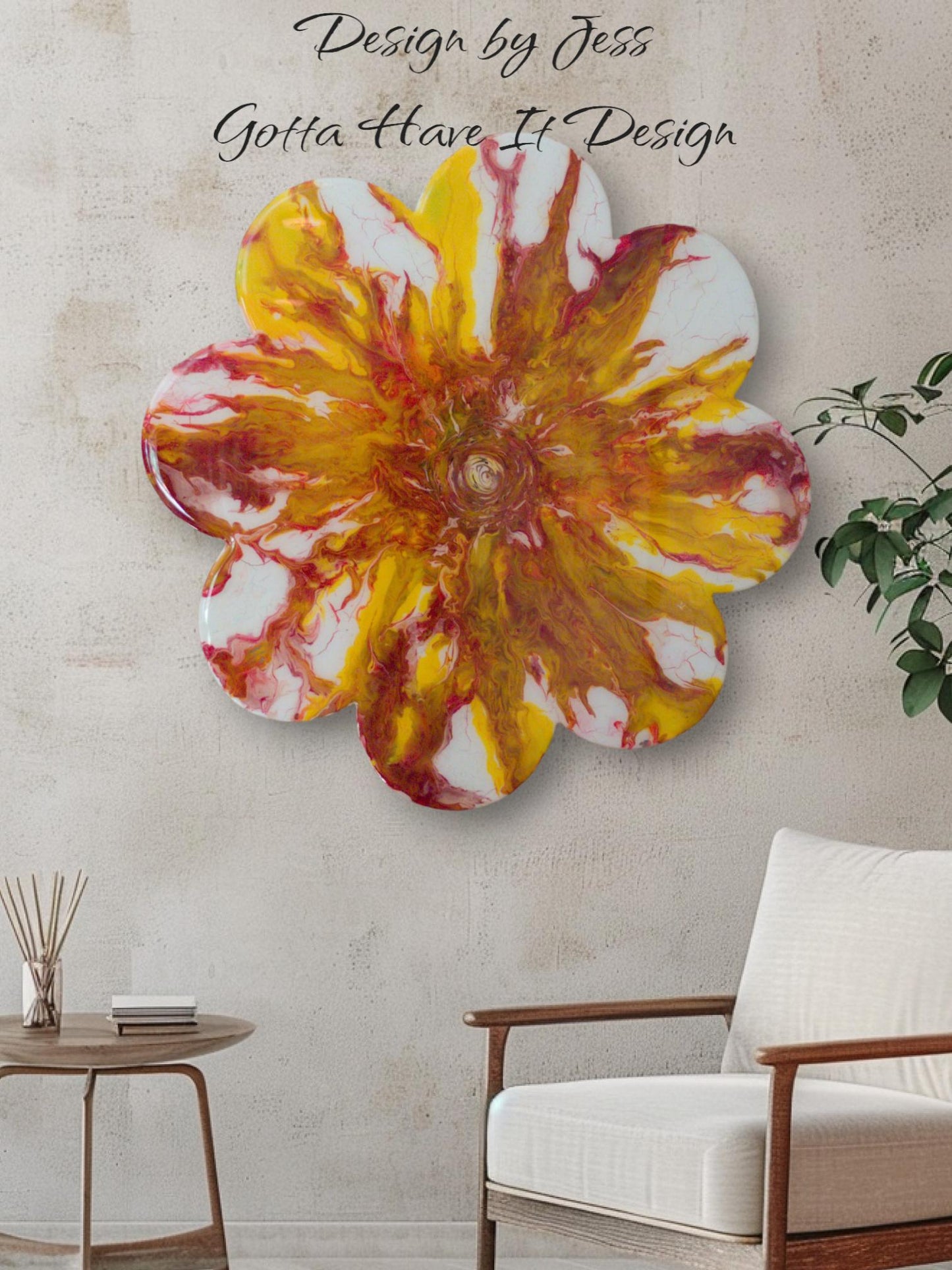 Wood Flower Wall Art Red and Yellow Abstract Painting Kids Room Boho Decor