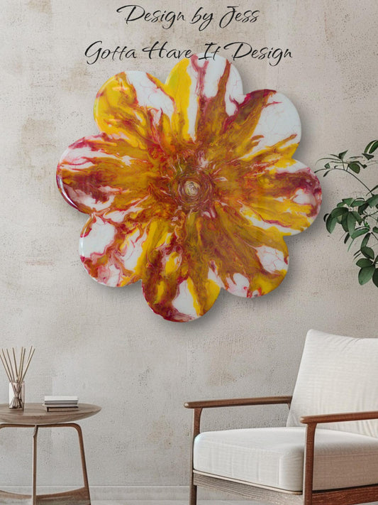 Wood Flower Wall Art Red and Yellow Abstract Painting Kids Room Boho Decor