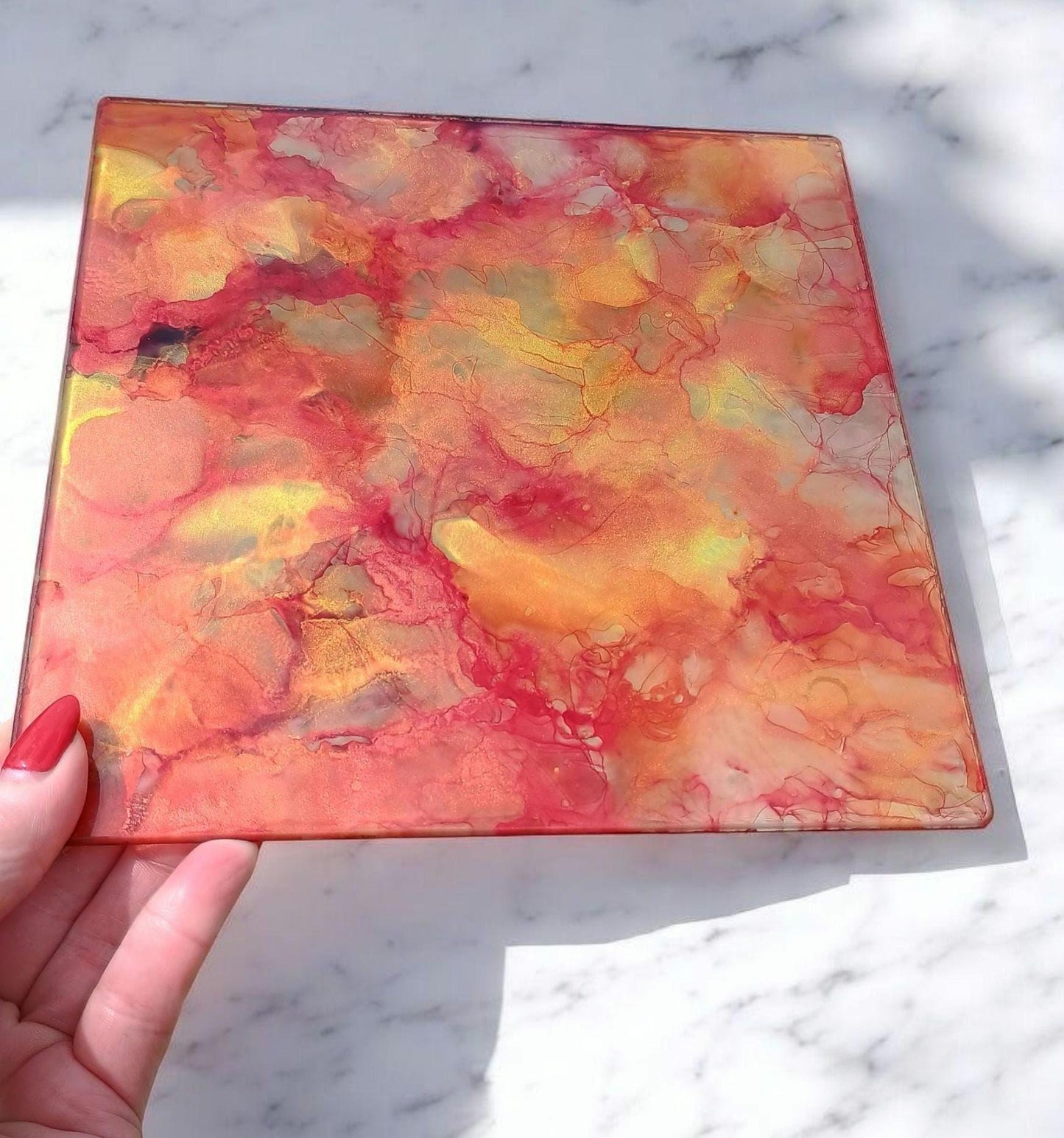 Glass Art Sun Catcher and Cutting Board Red and Gold Charcuterie Tray Gift for Her Kitchen Decor