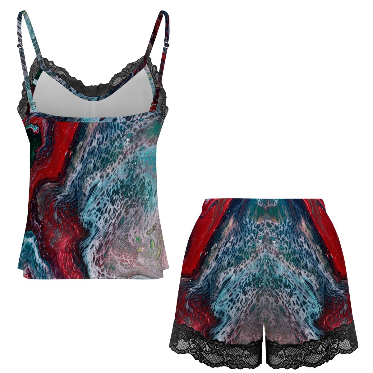 Women's Lace Cami Pajama Set – Teal & Red Abstract Art Print