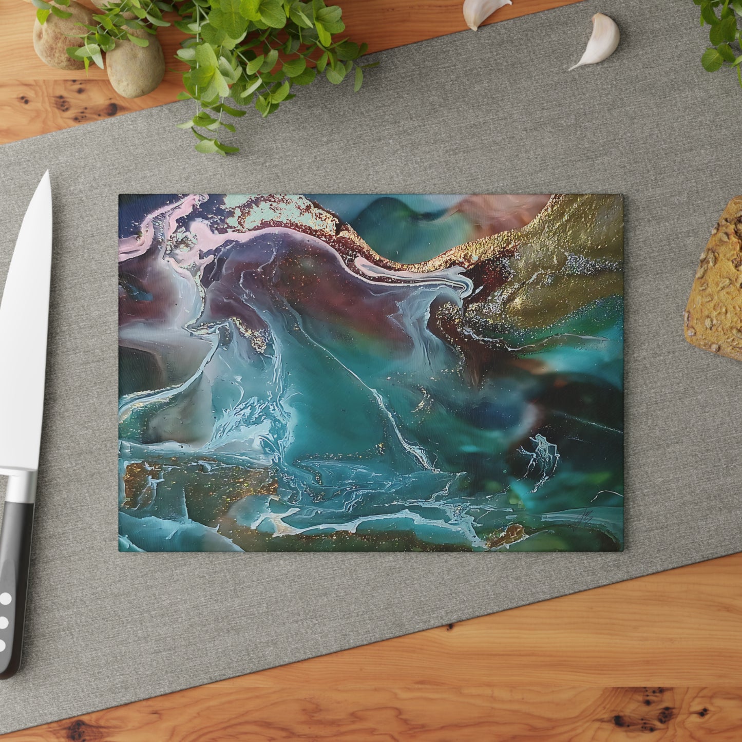 Glass Cutting Board with Abstract Art - Decorative Kitchen Serving Board & Gift