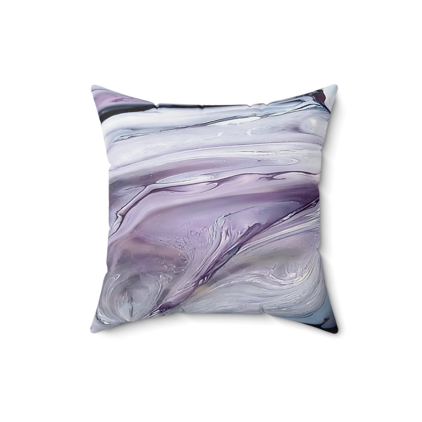 Decorative pillow with a marbled pattern in shades of purple and gray on a white background