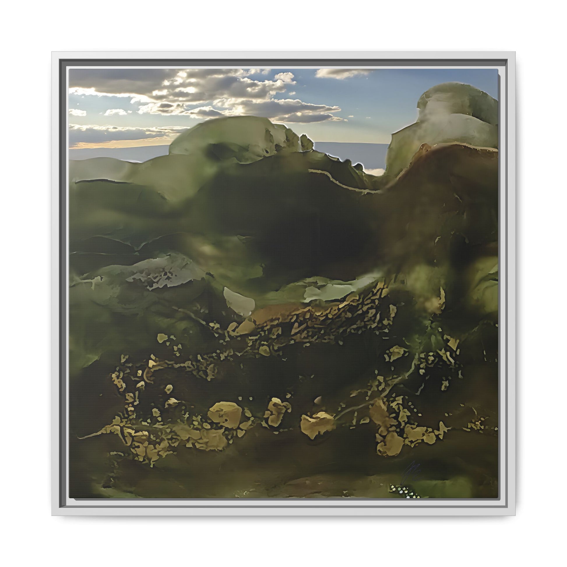 Framed artwork of a mountain landscape with a blue sky resin art print on canvas.