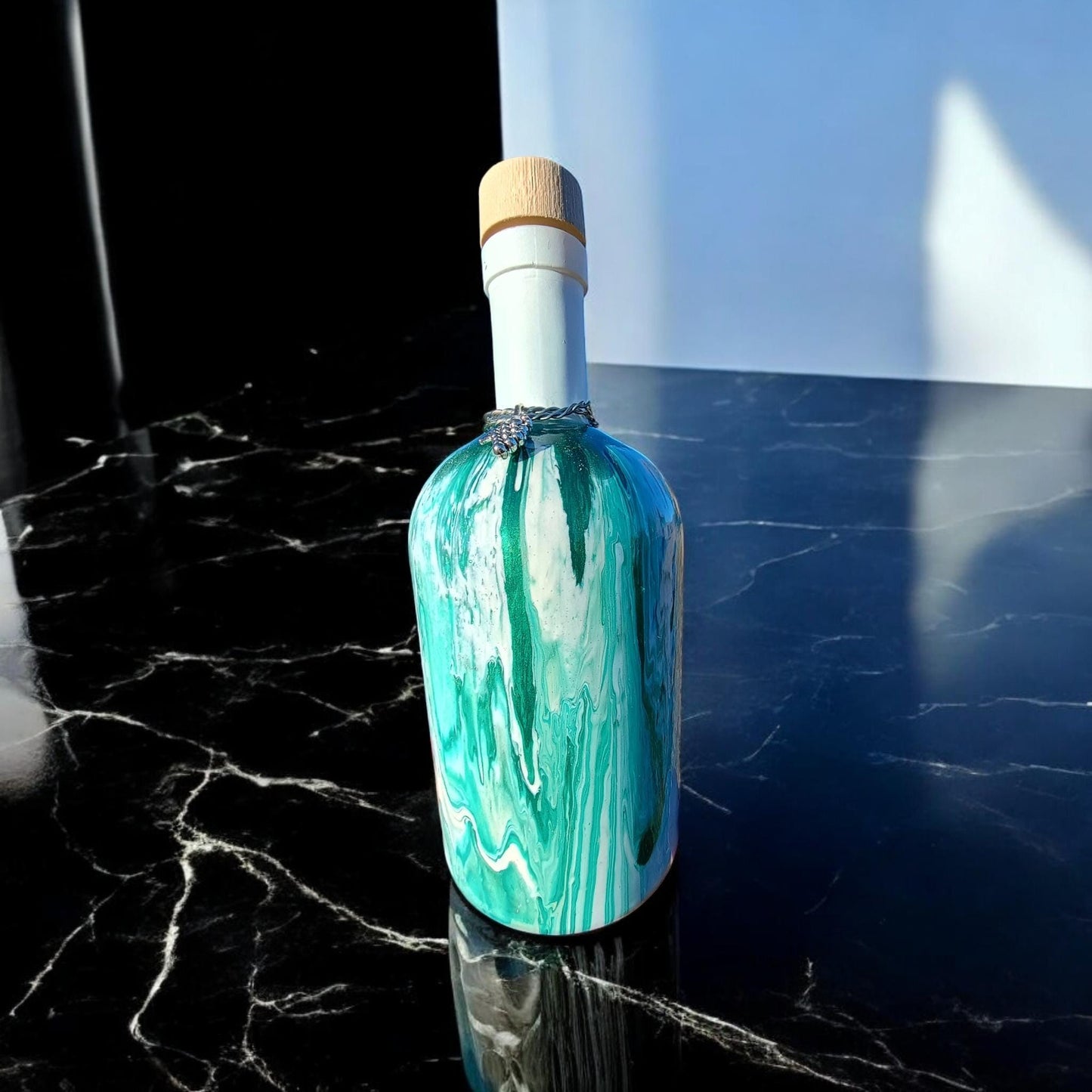 Glass Olive Oil Bottle Green Abstract Art Cruet Kitchen Decor Gift for Mom
