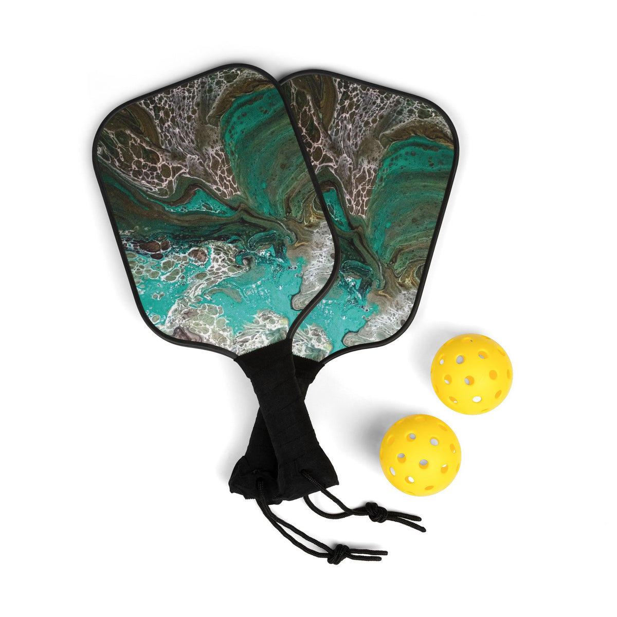 Pickleball Paddle Set | Teal Abstract Art Print, 2 Paddles & 2 Balls
