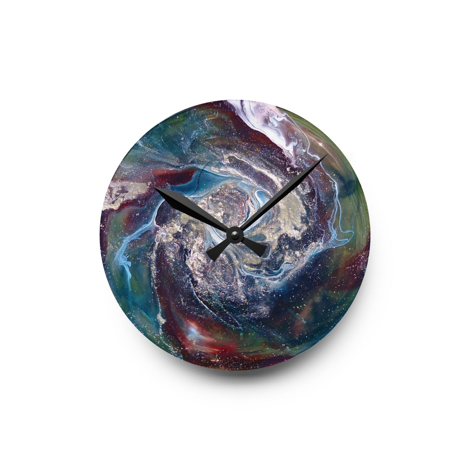 Round wall clock with a colorful, swirling design on a white background an original abstract art piece a Style by Jess at Gotta Have It Design. 