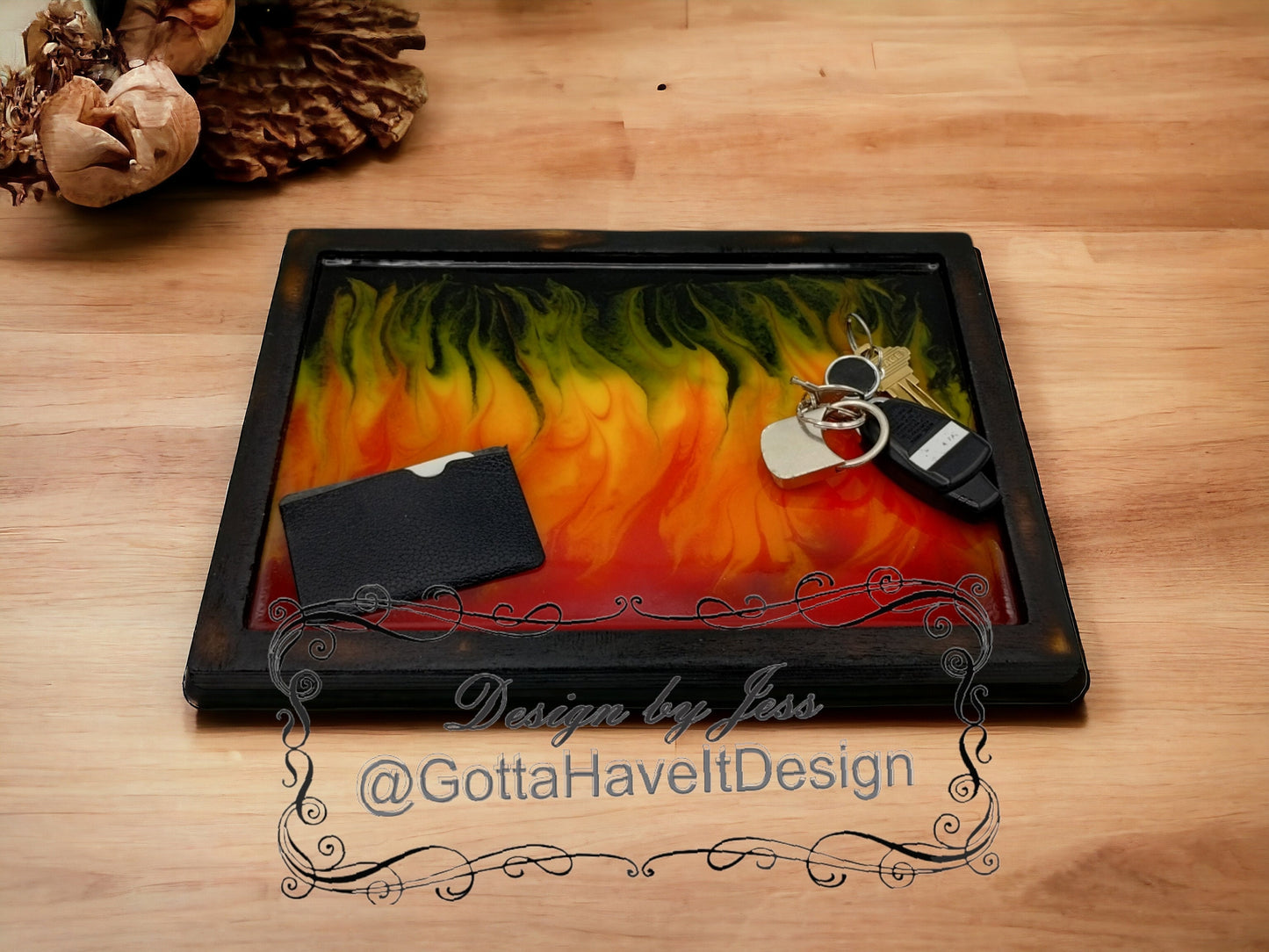 Jewelry Tray Gift for Him Catchall Tray for Keys Wallet Fire Flame Tray Motorcycle Decor Black and Orange Epoxy Tray Gift for Dad Brother