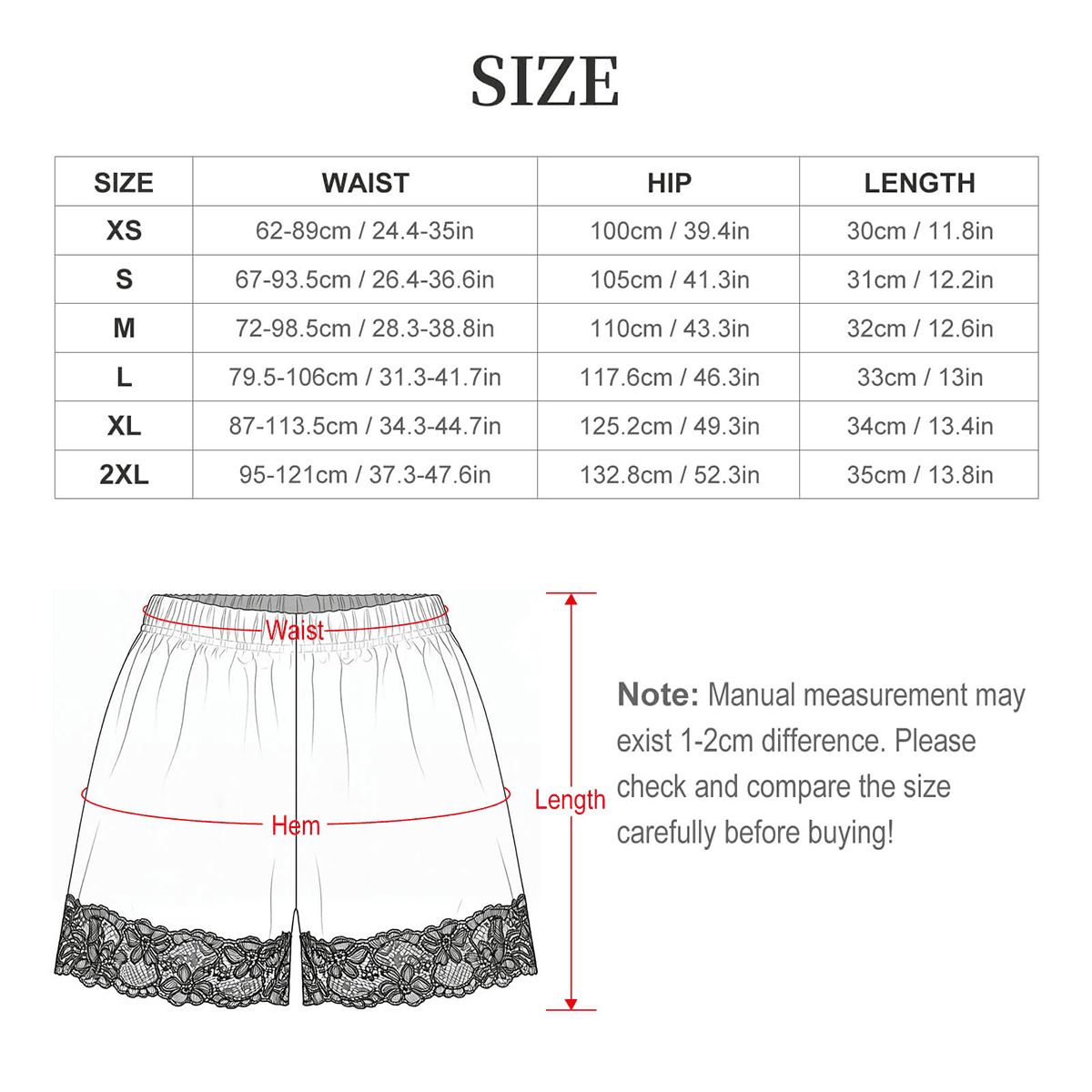 A size chart and measurement guide for women's shorts, showing a size table from XS to 2XL with waist, hip, and length measurements, plus a line drawing of the shorts with labeled waist, hem, and length arrows.