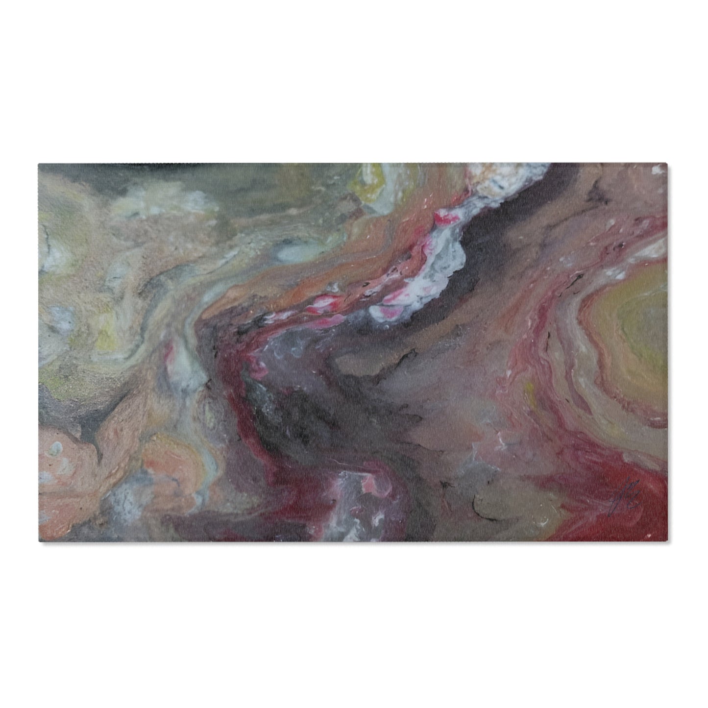 Abstract art on a area rug with swirling colors on a white background
