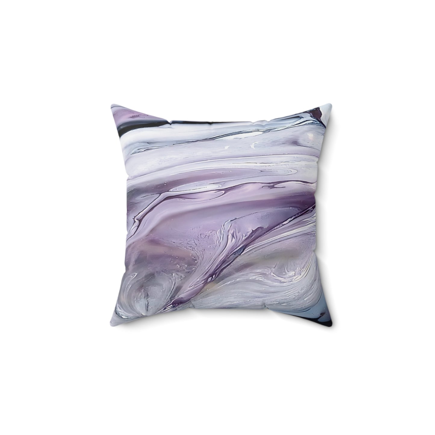 Decorative pillow with a marbled purple and white pattern on a white background