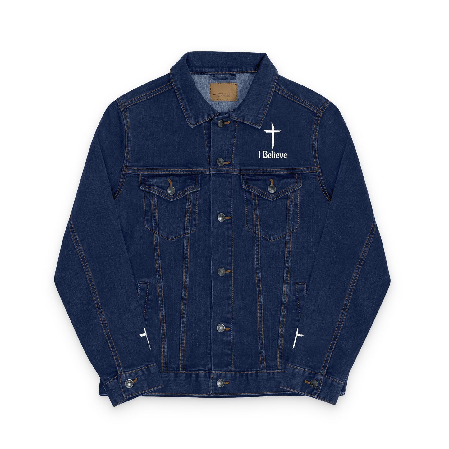 Blue denim jacket with 'I Believe' and cross design on a white background